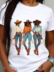 Women's 100% Cotton T-Shirt, Round Neck, Summer T-Shirt With African American Cowgirl Print, Western Texas Rodeo Style, Perfect For Holiday Outfits And Birthday Celebrations, Casual Daily Wear. - 白色 - 查看 1