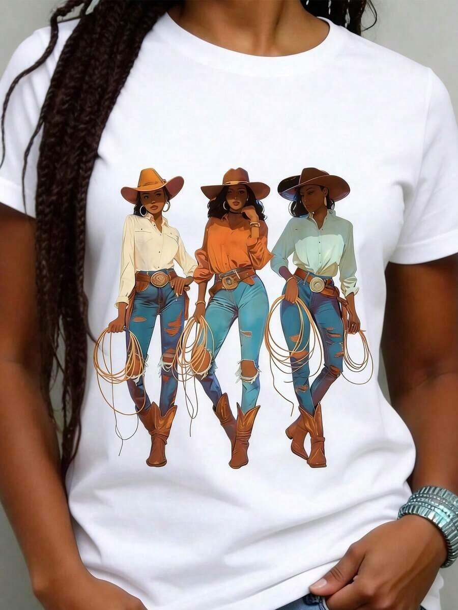 Women's 100% Cotton T-Shirt, Round Neck, Summer T-Shirt With African American Cowgirl Print, Western Texas Rodeo Style, Perfect For Holiday Outfits And Birthday Celebrations, Casual Daily Wear. - 白色 - 查看 1
