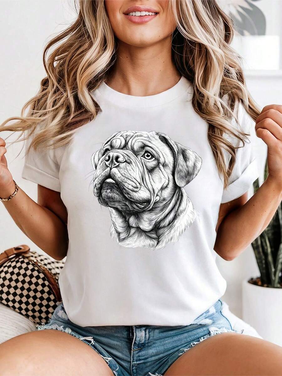 Women's Dogue De Bordeaux T-Shirt, Graphic Tee With Artistic Sketch Of A French Mastiff, Casual Pet Portrait Top For Dog Lovers - 白色 - 查看 1