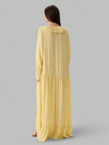 Vestido largo cuello V con volantes y manga acampanada, estilo vacacional primavera verano 2026 - Amarillo - Ver 6