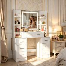 Large Dressing Table With LED Lighted Mirror Stool 10 Shelves Vanity Makeup Desk - Dressing Table With Drawers Mirror Stool Set Makeup Desk Vanity Table Bedroom - White - View 7