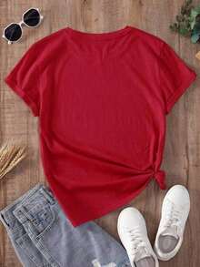 Women's Casual Summer T-Shirt With A Round Neck, Fitted Silhouette, And Short Sleeves, Featuring An Oil Painting Print With Floral, Heart, Cherry, And Lettering Designs. Simple, Casual Fabric With A Sporty Style, Perfect For Everyday Wear And A Valentine's Day Date. - YH1782-紅色 - 查看 3
