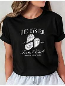 Soft Latest Design Oyster Social Club Printed T-Shirt, Casual Round Neck, Short Sleeve T-Shirt For Spring And Summer Vacation, New Women's Clothing, Machine Washable, Casual Round Neck Top, Comfortable Women's Clothing, New Arrival - 黑色 - 查看 1