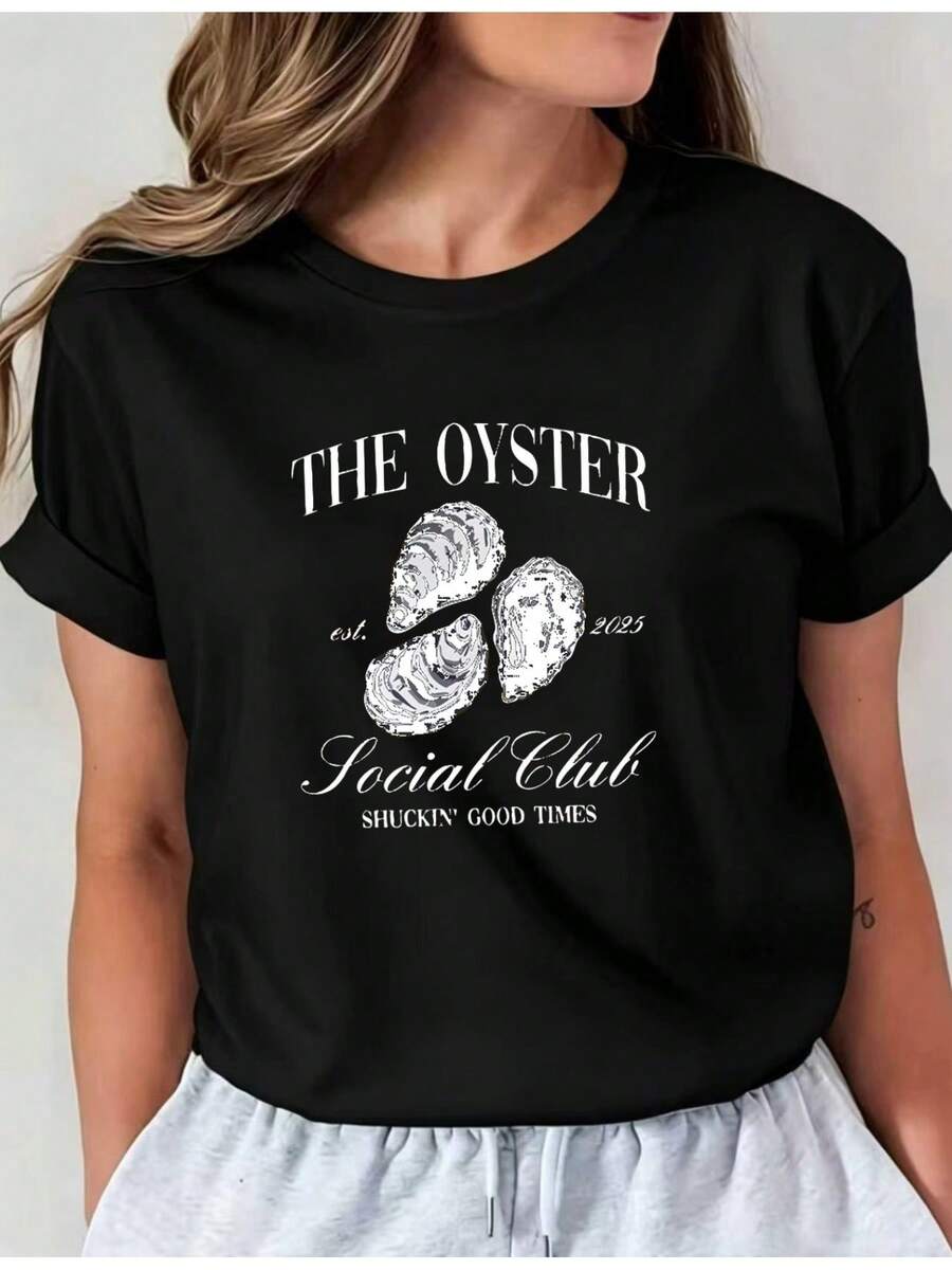 Soft Latest Design Oyster Social Club Printed T-Shirt, Casual Round Neck, Short Sleeve T-Shirt For Spring And Summer Vacation, New Women's Clothing, Machine Washable, Casual Round Neck Top, Comfortable Women's Clothing, New Arrival - 黑色 - 查看 1