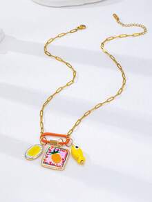1 Mặt dây chuyền hình kẹp giấy mạ vàng 18K với móc cài carabiner, mặt hình cá và chanh, trang sức vòng cổ phong cách Boho mùa hè cho nữ, thích hợp đeo hàng ngày và đi nghỉ mát. - Dây chuyền mặt dây chuyền hình quả dứa vuông - Xem 4