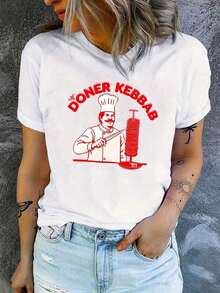 Fashionable Letter Print T-Shirt, Short Sleeve, Round Neck, Casual Top For Summer And Spring, Women's Clothing For Everyday Wear - 白色 - 查看 6