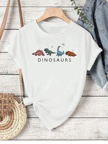 Fashion Printed T-Shirts For Women, Oversized Streetwear Tops, Comfortable And Stylish All-Match Summer Tees. Dinosaur Print T-Shirt, 220g Cotton, Casual Summer Crew Neck Short Sleeve T-Shirt (1 Unit) - 白色 - 查看 2