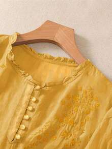 Blusa ligera y holgada de viscosa con bordado retro para mujer, para primavera y verano, casual, estilo campestre, tops de verano - Amarillo - Ver 4