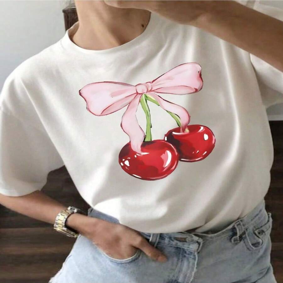 YOCASA Camiseta Casual de Verano para Mujer, con Cuello Redondo, Ajustada y Manga Corta, con Estampado de Pintura al óleo, Floral, Corazón, Cereza y Patrones de Letras. Tejido Casual Simple, Estilo Deportivo, Ideal para Uso Diario y un Citas de San Valentín. S-XXL - Blanco - Ver 1