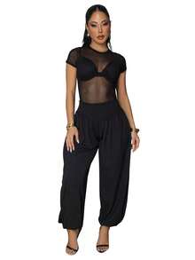 Comfortable Black Woven Fabric Jogger Pants For Women Stylish Cropped Length And Slouchy Fit - Black - View 3