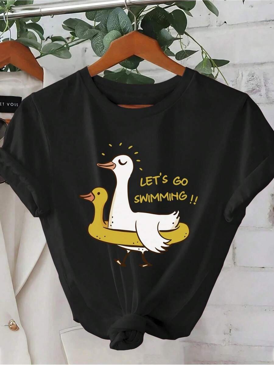 Camiseta Deportiva Casual para Mujer con Nudo Lateral - Camiseta Negra Elástica de Cuello Redondo con Colorida Ilustración de Pato, Lavable aáquina, Ajuste Cómodo y Apta para Todas las Estaciones, para Uso Diario. - Negro - Ver 1