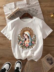Plus Size T-Shirt With Floral Print Of The Virgin Mary, Casual Short Sleeve Round Neck Top, Spring/Summer Style, Plus Size Clothing For Women. - 白色 - 查看 1