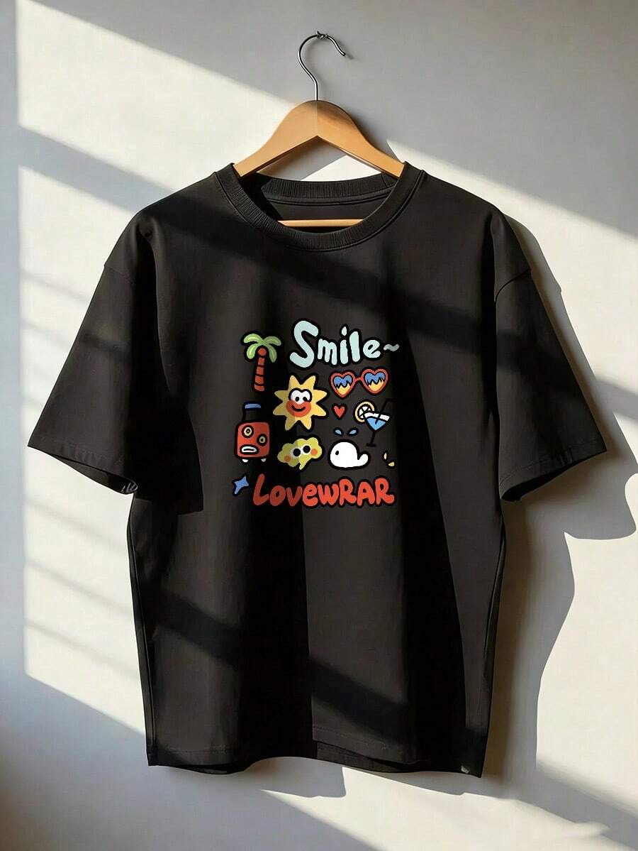 Summer Cartoon T-Shirt With "Smile~" Text, Fashionable Short-Sleeved T-Shirt For Spring And Summer 2026, Made In Mexico, 180 Grams. Cartoon Print, Couple Design, Suitable For Indoor Or Outdoor Wear. Crew Neck, Unisex, Ideal For Office And Leisure. One-Pack. - BK-P631577SLNDXZGY595 - 查看 1
