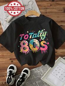 | Exquisite Design | Loose And Comfortable | Easy To Match | Women's Spring/Summer Top, Vintage Style, Graffiti Letter Print, Totally 80s Style, Pure Cotton, Modern, Casual, Short Sleeve, Round Neck, Women's T-Shirt [Hong K - 黑色 - 查看 1