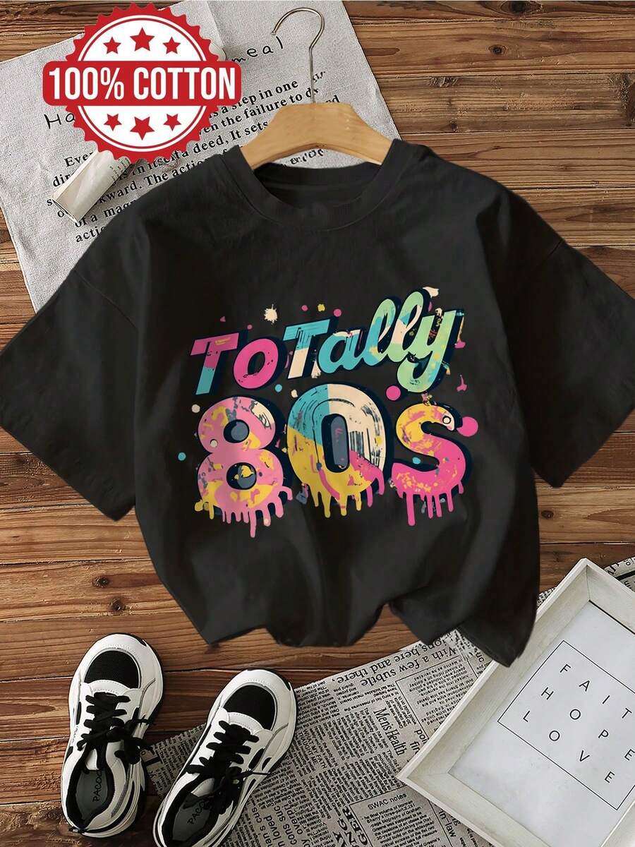 | Exquisite Design | Loose And Comfortable | Easy To Match | Women's Spring/Summer Top, Vintage Style, Graffiti Letter Print, Totally 80s Style, Pure Cotton, Modern, Casual, Short Sleeve, Round Neck, Women's T-Shirt [Hong K - 黑色 - 查看 1