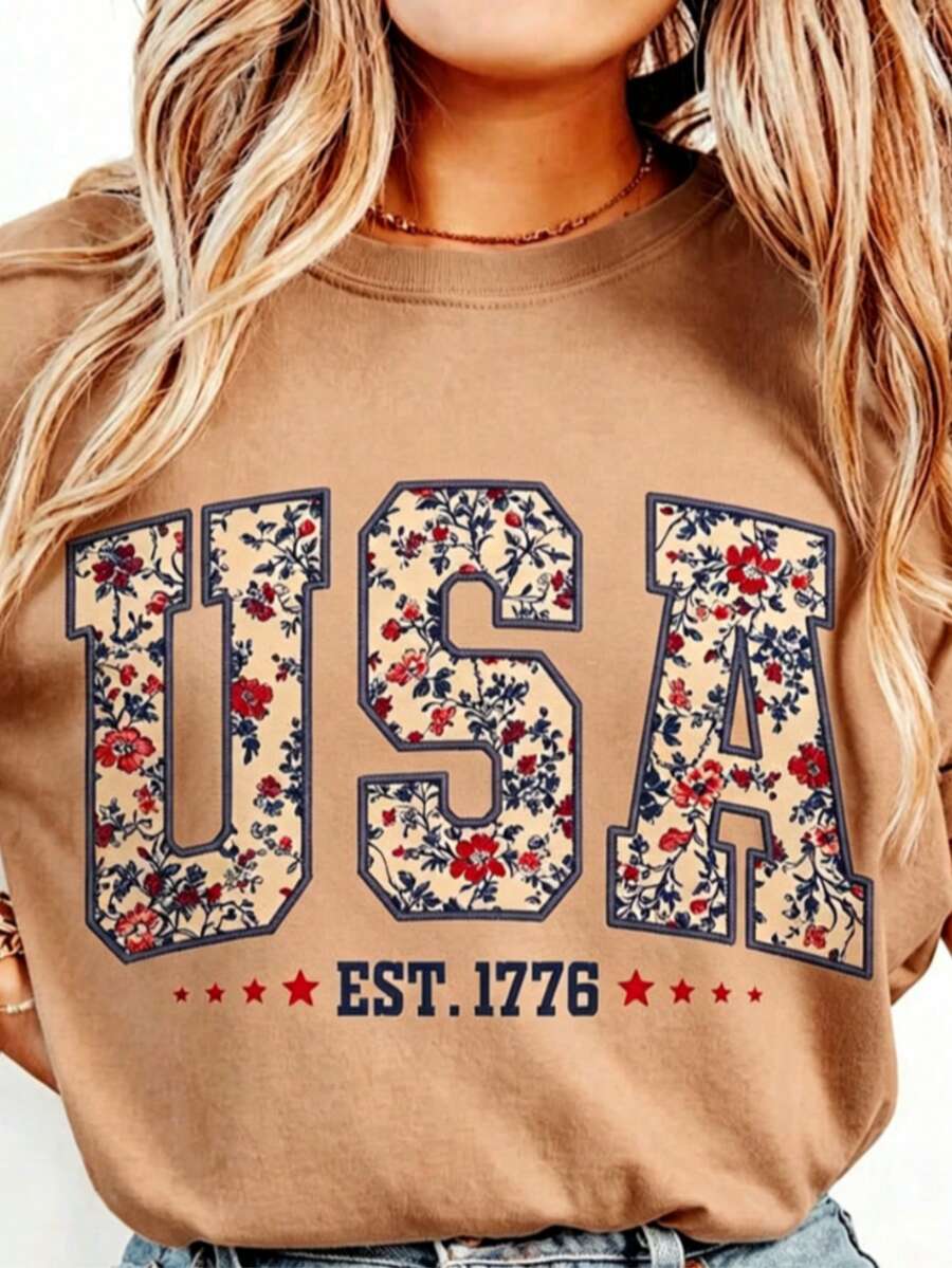 Floral USA Shirt, Retro America Shirt, 4th Of July PNG, 4th Of July, Retro USA ,Soft Cotton, Unisex Fit, Classic Design-Loose-Fit Easy Relaxed Styl - 棕色 - 查看 1