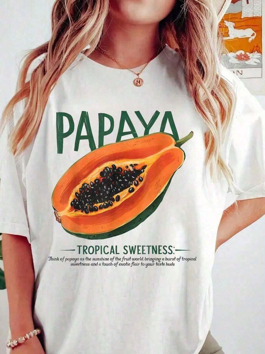 1 camia con diseño de amantes de las vacaciones de verano en la playa y fruta tropical de papaya, 210 g, 100% algodón, los diseños están impresos.Unisexo. Adecuado como regalo.playera de mujer.blusas>elegante.boho chic,Top de mujer suave, transpirable y cómodo, ideal para primavera, verano y otoño, perfecto para vacaciones, viajes y uso diario. - Blanco - Ver 1