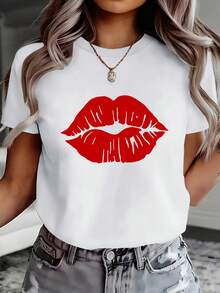 Patrón de estampado de labios rojos, diseño de labios sexys, adecuado para decoración estampada. udadera con estampado direccional, sudadera casual de cuello redondo para primavera/verano, camiseta de manga corta, top cómodo para mujer 14126. Traje de fiesta elegante,T-shirt para damas elegantes,Blusas adecuadas para mujeres con curvas,Faldas de graduación,Ropa casualEstampado de animales adorables ,Estampado de letras divertidas - Blanco - Ver 7
