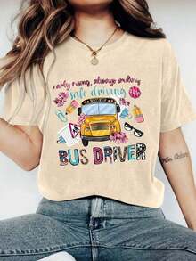 Short-Sleeved T-Shirt With Bus Print, Casual Round Neck Top For Spring And Summer, Women's Clothing, Round Neck, 100% Cotton, Soft Fabric, Short Sleeve. - 杏色 - 查看 6