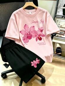 Conjunto de 2 piezas de camiseta y pantalones cortos con estampado de letras florales, talla grande para mujer, elegante - Multicolor - Ver 1