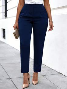 Pantalones de trabajo ajustados y acortados de color liso que ceñen la cintura - Azul Marino - Ver 13