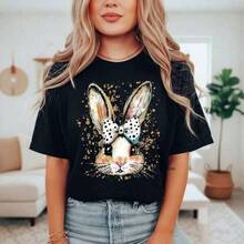 Women's Easter Bunny Print Cotton T-Shirt, Short Sleeve, Crew Neck, Casual Style With Bunny Graphic And Bow, Loose Fit, Plus Sizes S-5XL. Casual Women's T-Shirt, Short Sleeve, Crew Neck, Local Spring/Summer Streetwear. - 黑色 - 查看 6