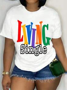Conjuntos de verano para mujer. Camiseta de algodón con estampado gráfico Living Single - Letras de colores brillantes. Tops de verano. - Blanco - Ver 6