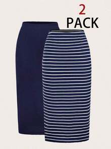 2 piezas Conjunto de falda casual de mujer a rayas y de unicolor, Conjunto a juego, Falda, Faldas para mujer, Falda a rayas, Casual - Azul - Ver 8