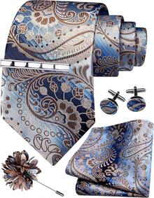 Men's Tie Set, Including Tie, Pocket Square, Tie Clip, Cufflinks, And Tie Pin, Comes With A Box, 5-Piece Set - 藍色/棕色 - 查看 1