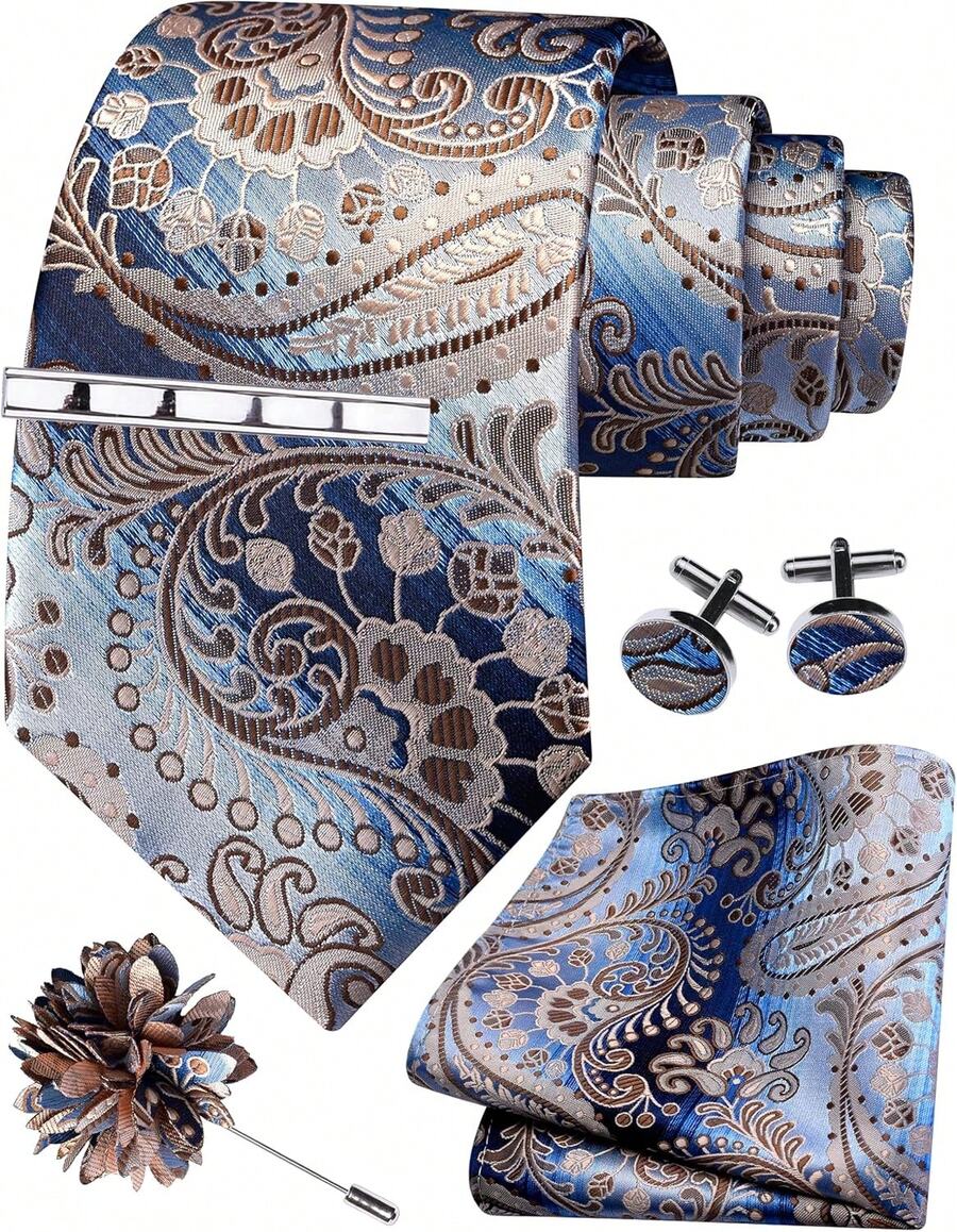 Men's Tie Set, Including Tie, Pocket Square, Tie Clip, Cufflinks, And Tie Pin, Comes With A Box, 5-Piece Set - 藍色/棕色 - 查看 1