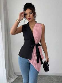 Camisa de verano casual regular plisada tejida para mujer - Rosa - Ver 3