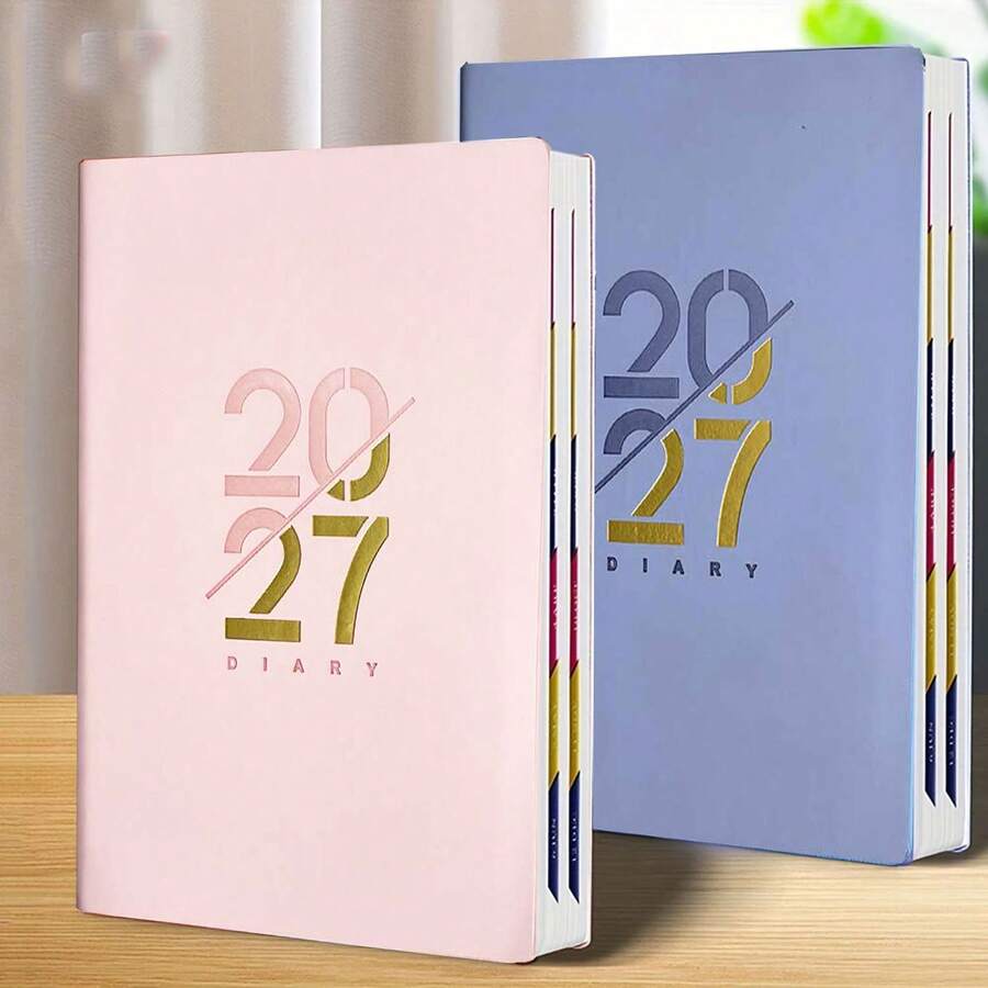 2027 英文計畫本 人造皮革硬殼版 月計畫與週計畫版面 新日曆筆記本 自律追蹤 時間管理 適合辦公室使用 現代封面設計 文具用品