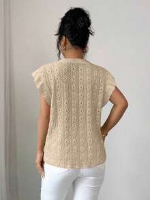 Camiseta de mujer con flores tridimensionales lindas y contrastantes para verano y otoño - Caqui - Ver 2