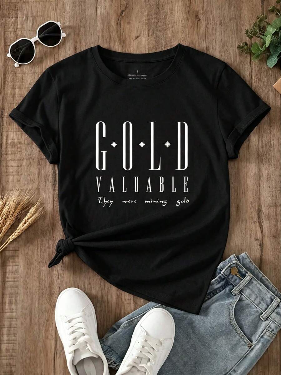 Camiseta de mujer 2026, cuello redondo, manga corta, estampada, corte holgado, estilo deportivo y casual, perfecta para verano, envío nacional. - Negro - Ver 1