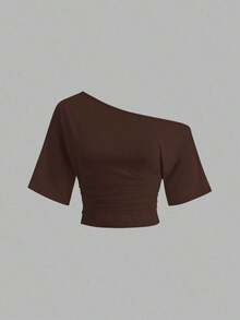 1 Set Camiseta de 3 piezas con hombros oblicuos, fruncidos y recogidos para mujer - Multicolor 2 - Ver 4