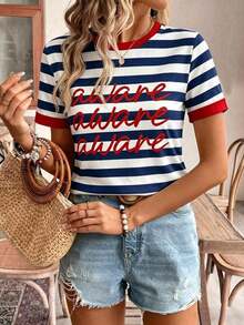 Camiseta de manga corta holgada con cuello redondo, estilo asimétrico a rayas, minimalista y casual, para mujer.Versátil y adecuada para primavera/verano y temporada deportiva - Multicolor 4 - Ver 6