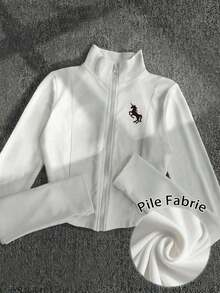 Chaqueta ligera con estampado de polo para mujer, abrigo casual de calle deportivo con cremallera, ajuste delgado de manga larga, otoño - Blanco 4 - Ver 1