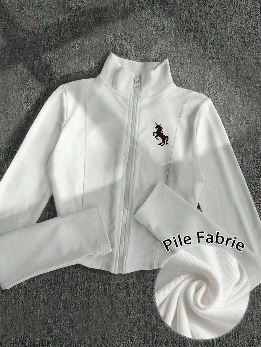 Chaqueta ligera con estampado de polo para mujer, abrigo casual de calle deportivo con cremallera, ajuste delgado de manga larga, otoño - Blanco 4 - Ver 1