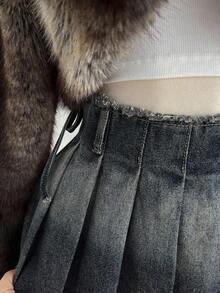 Minifalda de mezclilla con pliegues y deshilachados de moda para mujer - Azul - Ver 7