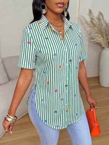 Camisa de mujer de manga corta, ajuste ceñido, con dobladillo curvo dividido, unicolor minimalista, para uso diario y casual en verano - Multicolor - Ver 4