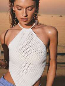 Blusa de punto de mujer de verano con cuello halter, dobladillo asimétrico y unicolor - Beis - Ver 7