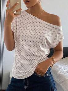 Camiseta de manga corta ajustada con hombros descubiertos y fruncidos a rayas para mujeres - Blanco 2 - Ver 7