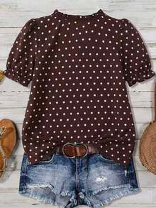 Blusa casual con cuello en V, volantes y mangas de pétalos acanalados para tallas grandes - Marrón - Ver 2