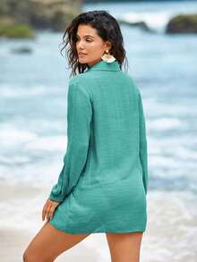 Camisa de mujer de manga larga con botones frontales, de color liso, como prenda casual de verano - Verde - Ver 2