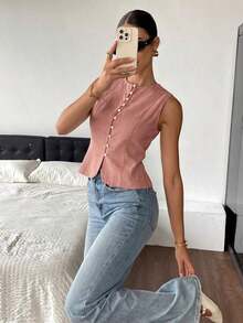 Camisa informal sin mangas con botones para mujer - Rosa - Ver 5