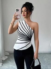 Blusa de punto con estampado de rayas y hombro asimétrico, nueva para el verano de mujer - Blanco y Negro - Ver 5