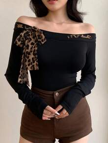 Camiseta de mujer de manga larga con hombros descubiertos, estampado de leopardo y parches, con cordón de ajuste, top con hombros descubiertos, ropa de mujer de otoño para salir - Negro - Ver 3