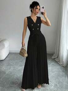 Mono plisado con diseño de chaleco cruzado elegante para mujer, color albaricoque, para primavera y otoño - Negro - Ver 3