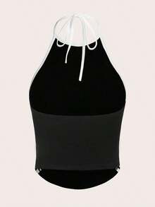 Top de tirantes casual con cuello de halter y pliegues con estampado de letras para mujer - Negro - Ver 4