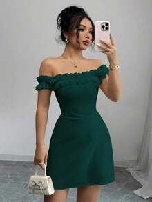 Vestido romántico con hombros descubiertos y volantes en la cintura para mujeres - Verde Oscuro - Ver 6